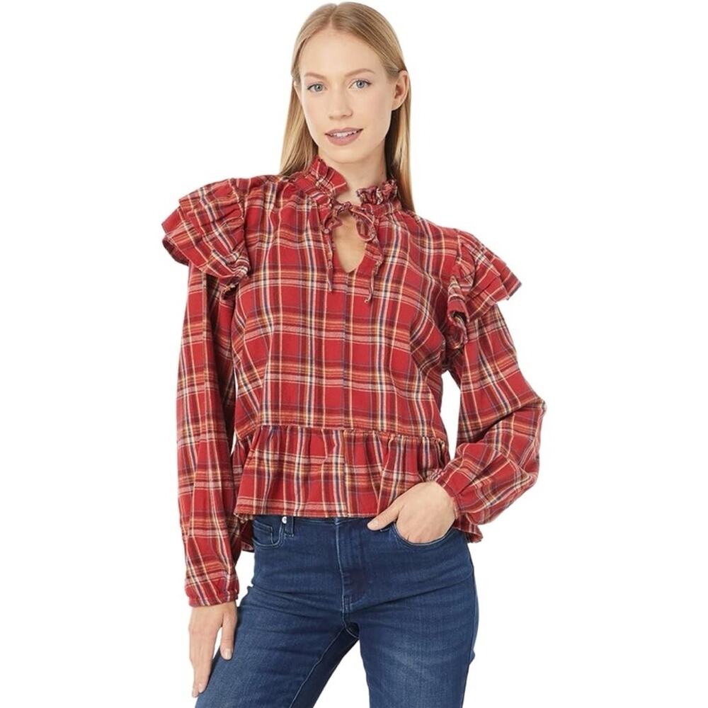 Blank NYC Ruffle Plaid Print Keyhole Shirt